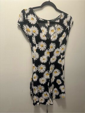 Black Daisy Button-Front Mini Dress with Yellow Centers